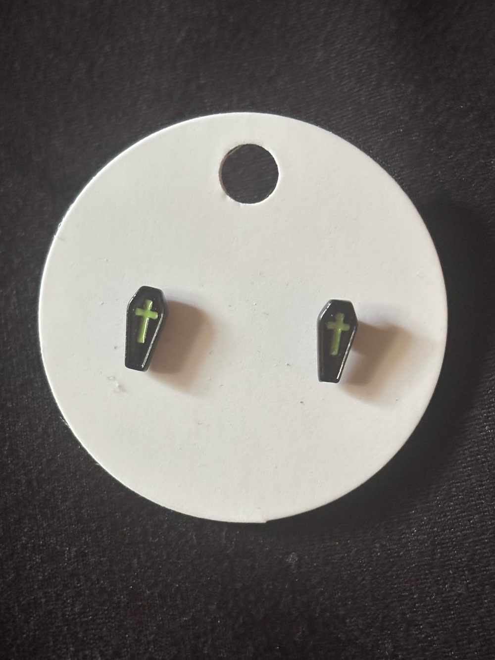 green and black coffin stud earrings